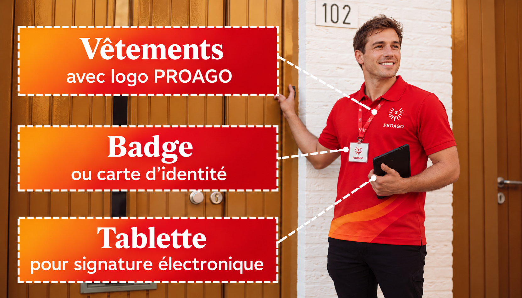 Recruteur PROAGO avec vêtements PROAGO, badge et tablette